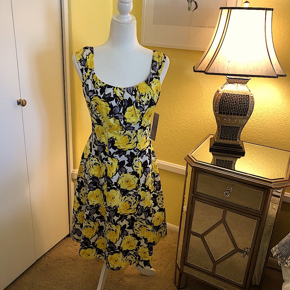 NWT London Times yellow and blue floral dress 10